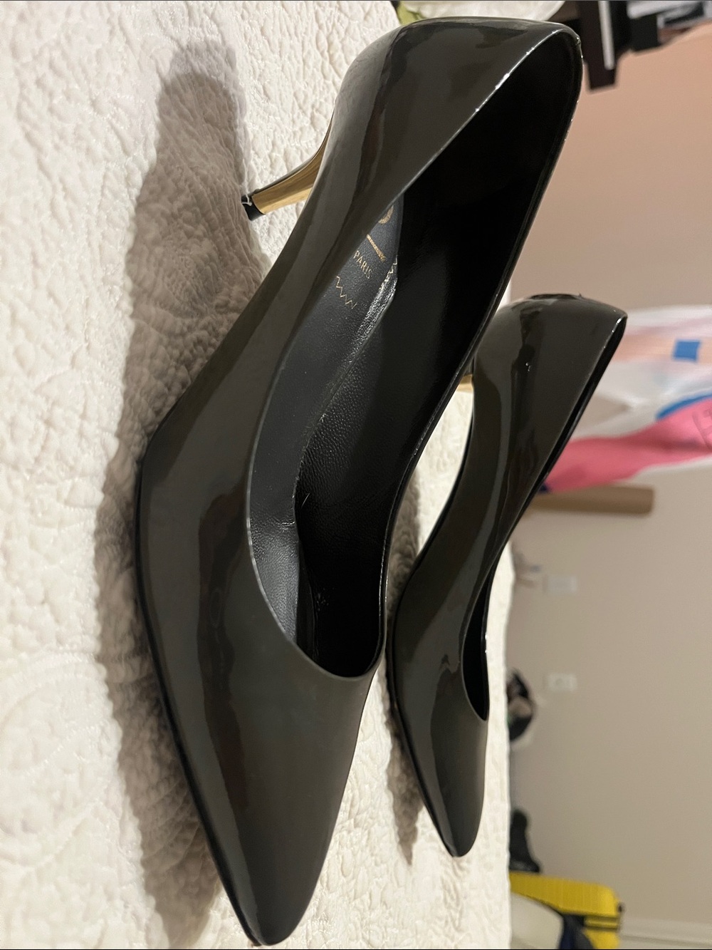 YSL Classic Black Patent Pointed-Toe Pumps with Gold Heel
